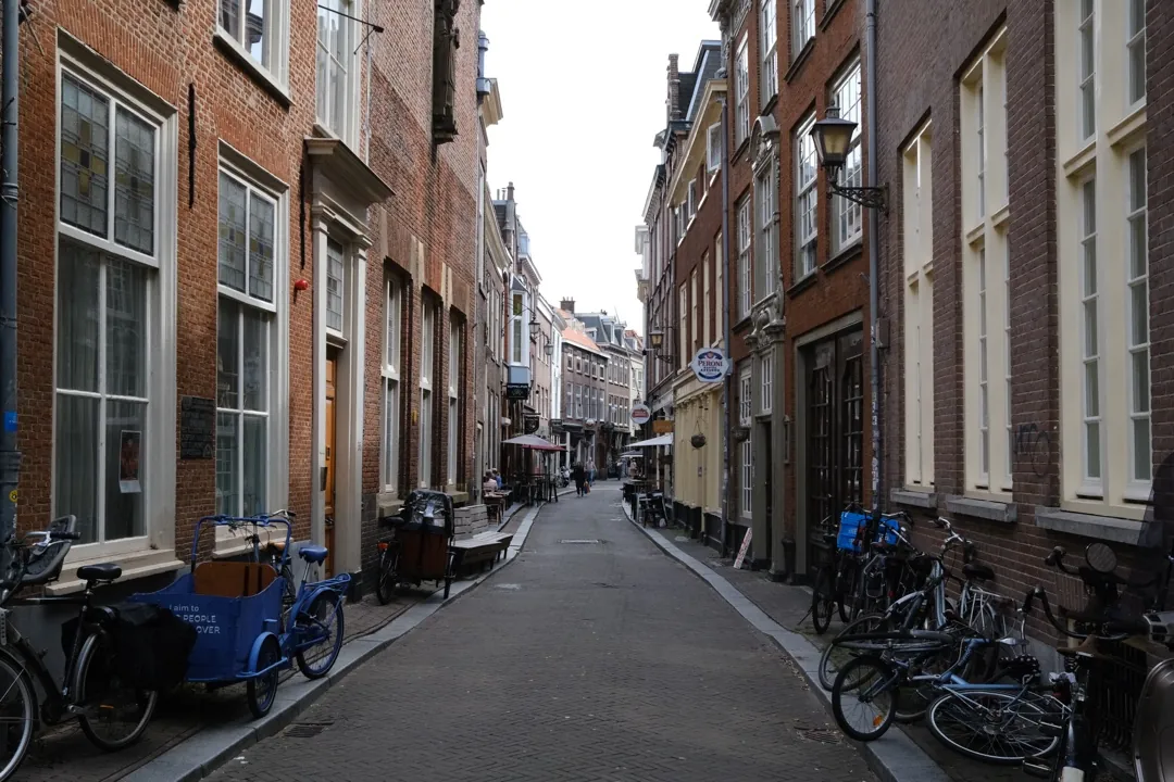 Your old-town lane with a blue cargo bike, the critique below it