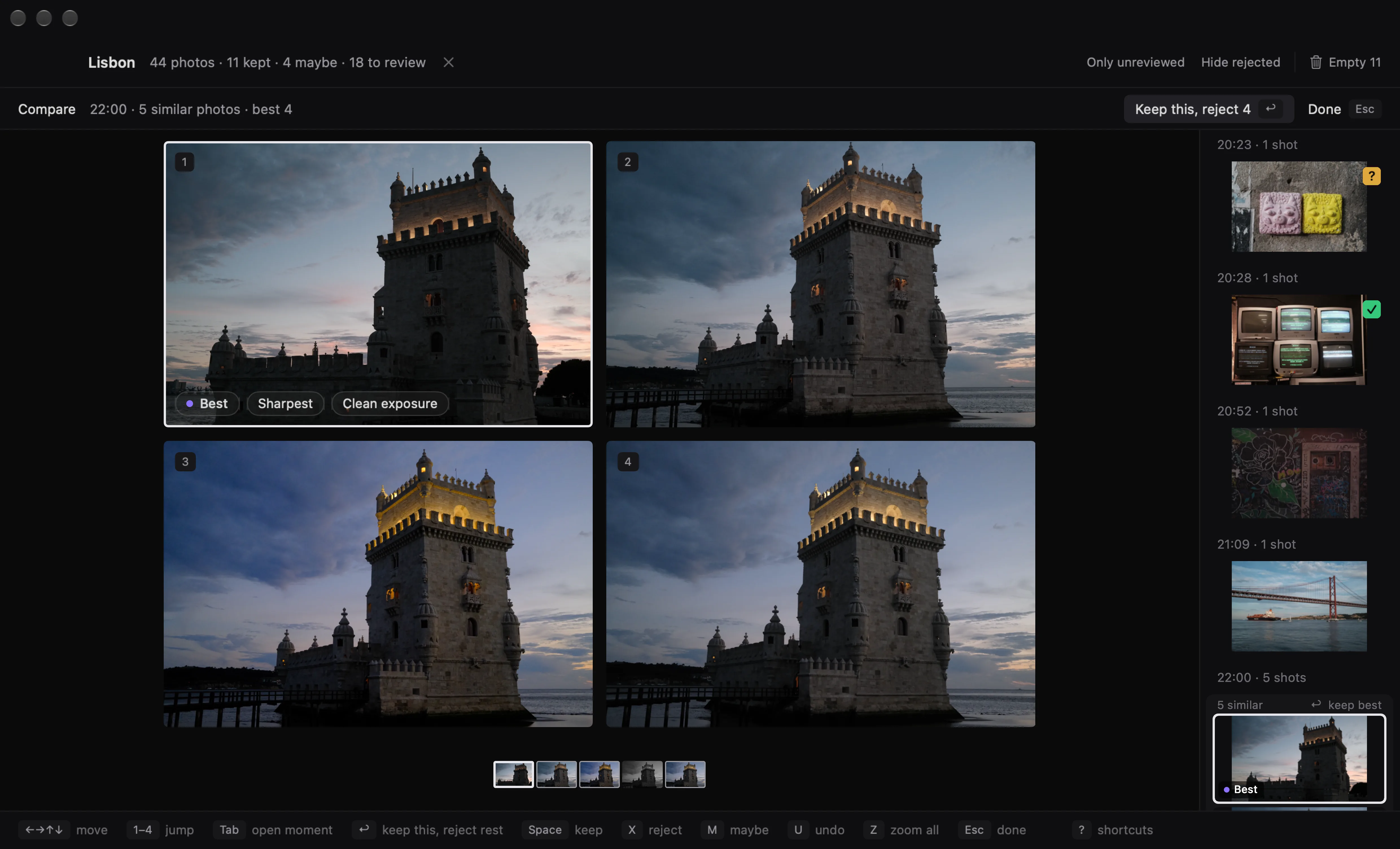 Compare view: five similar photos of Belém Tower at dusk. The first is marked Best, with Sharpest and Clean exposure badges.