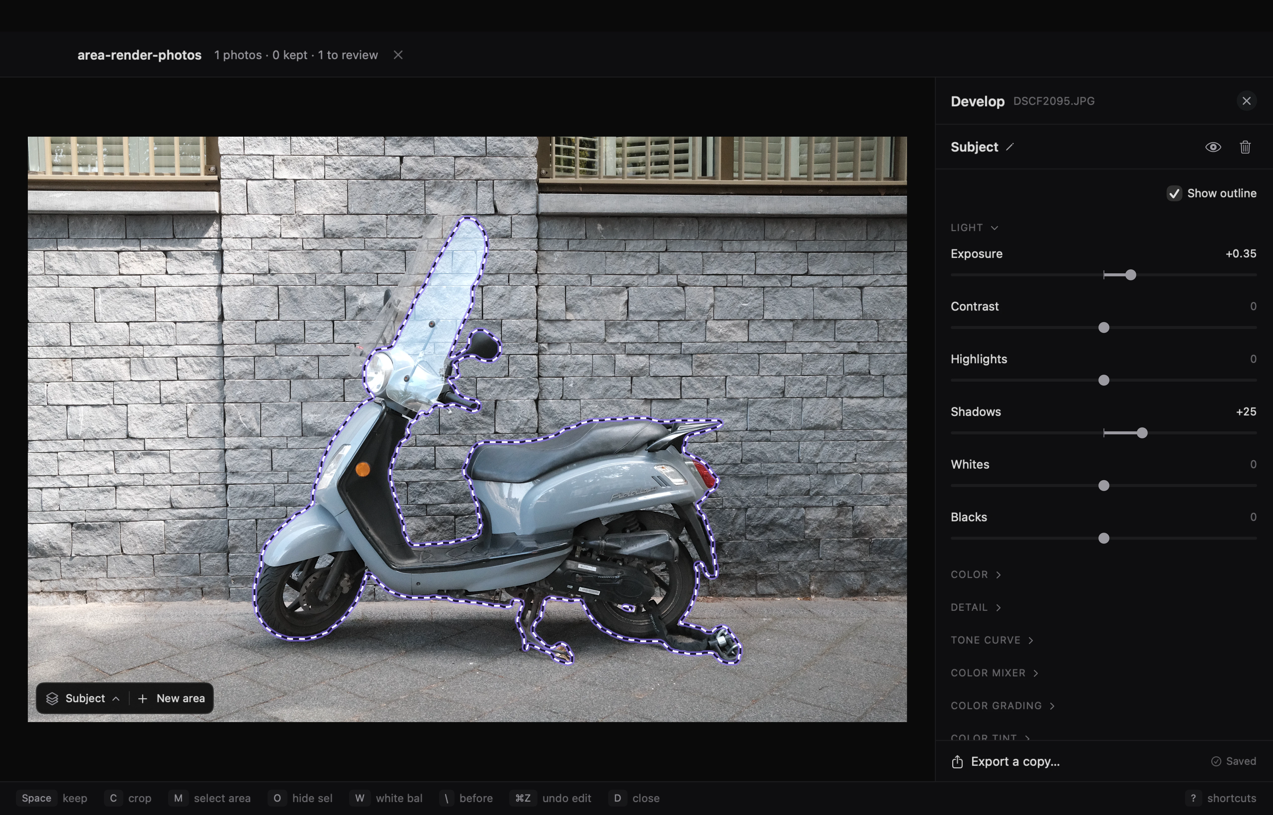 A scooter outlined by automatic subject selection against a gray stone wall, with local exposure +0.35 and shadows +25 in the Subject panel.