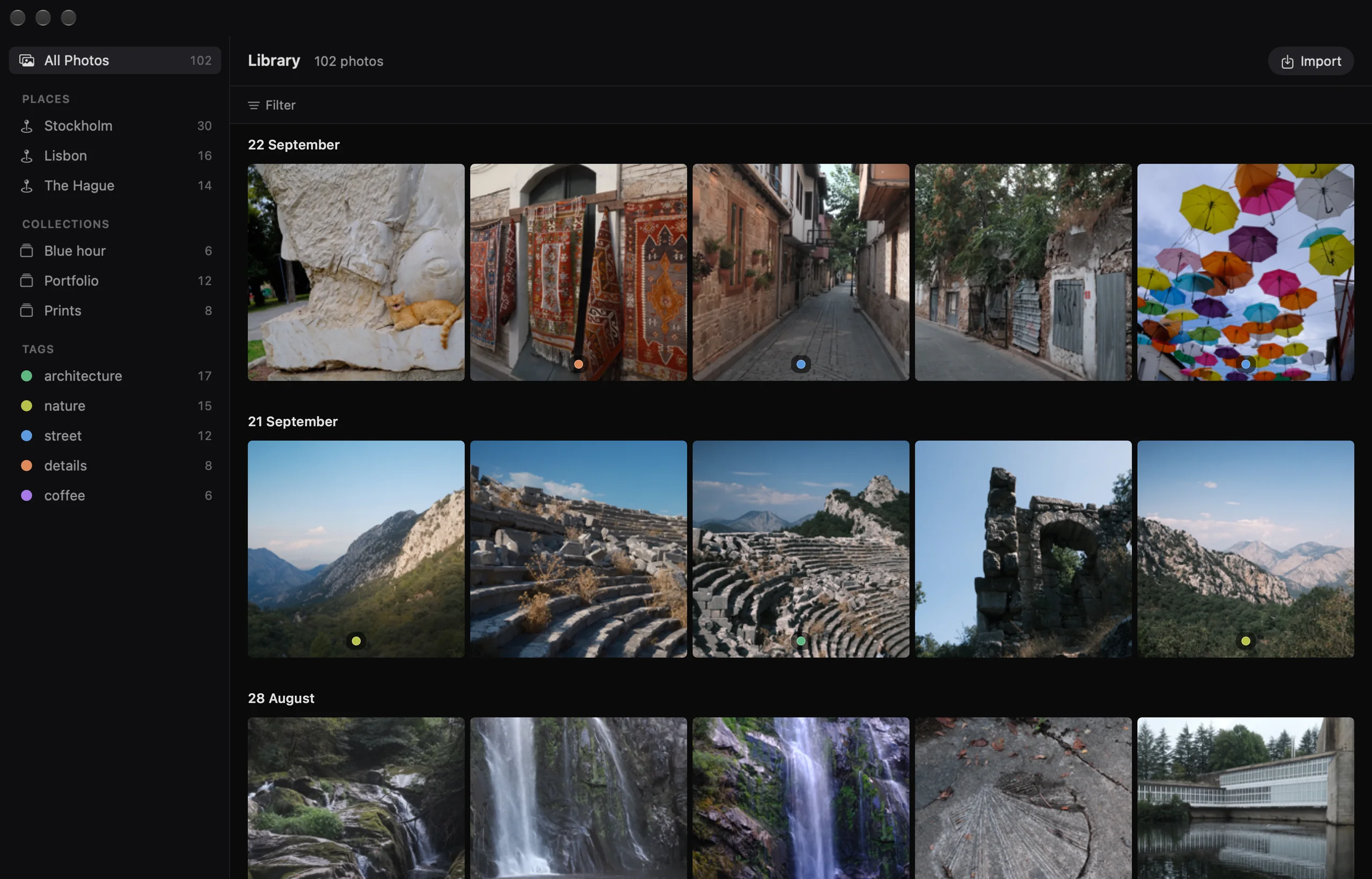 Fovea’s Library: photographs grouped by date, with places, collections, and colored tags in the sidebar.