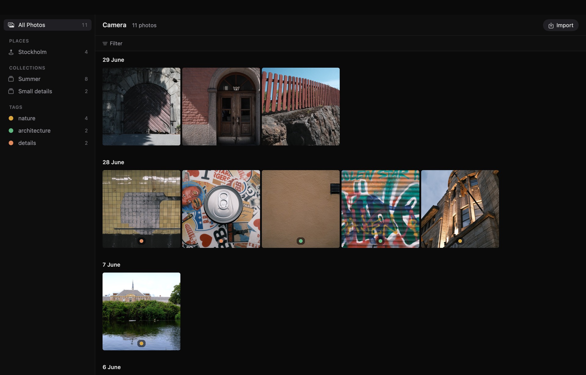 Fovea’s Library: photographs grouped by date, with places, collections, and colored tags in the sidebar.